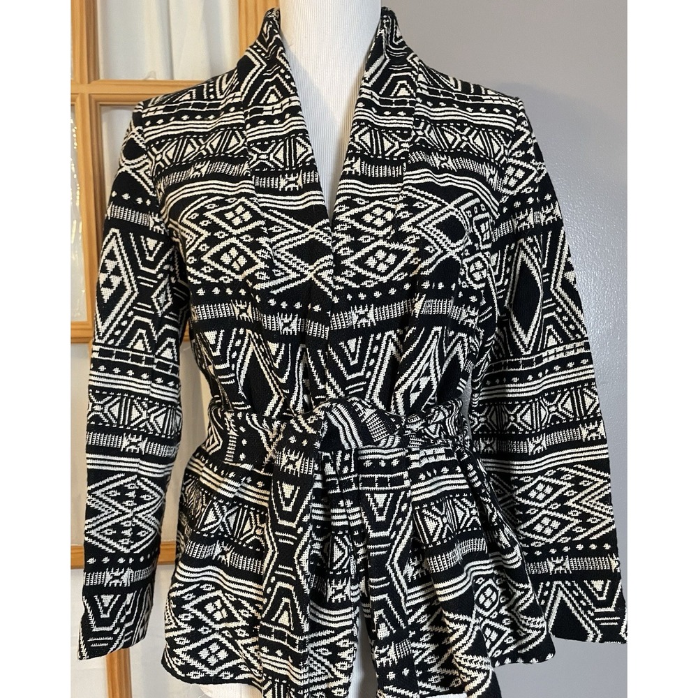H&M Conscious Aztec Belted Jacket Womens Sz 8 Open Front Black Ivory Tribal